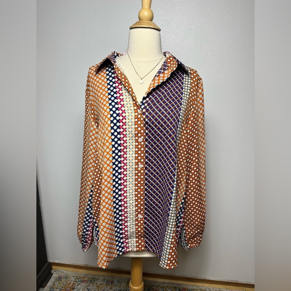Multicolor polka dot long sleeve button up size large New - Picture 5 of 6